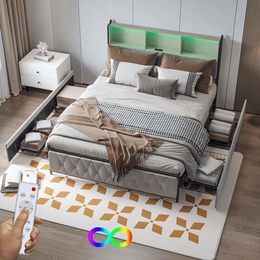 Cama 160x200cm, 4 gavetas, LED, USB, Tipo-C, Cama de gaveta,Veludo,Bege