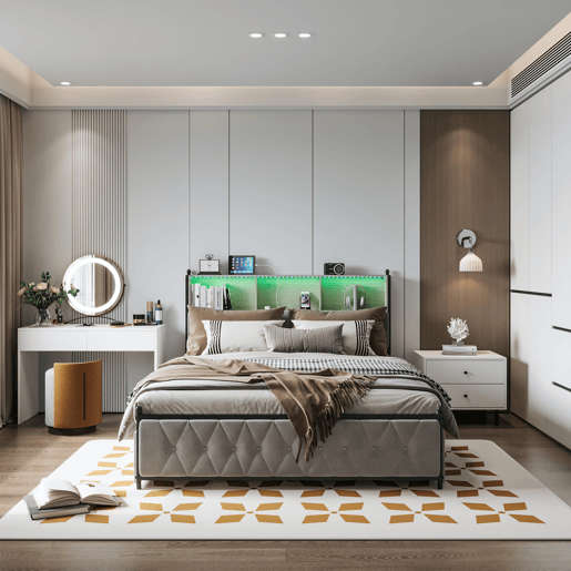 Cama 160x200cm, 4 gavetas, LED, USB, Tipo-C, Cama de gaveta,Veludo,Bege