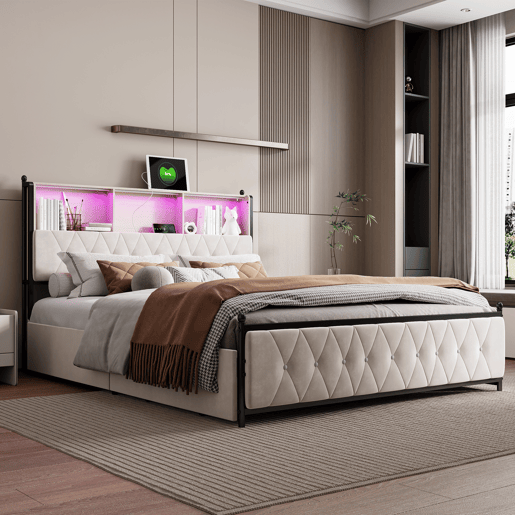 Cama 160x200cm, 4 gavetas, LED, USB, Tipo-C, Cama de gaveta,Veludo,Bege
