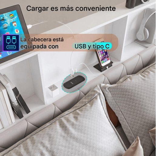 Cama 160x200cm, 4 gavetas, LED, USB, Tipo-C, Cama de gaveta,Veludo,Bege