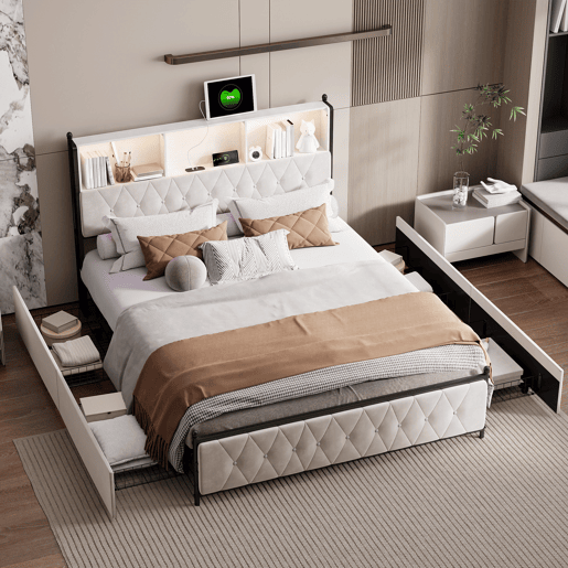 Cama 160x200cm, 4 gavetas, LED, USB, Tipo-C, Cama de gaveta,Veludo,Bege