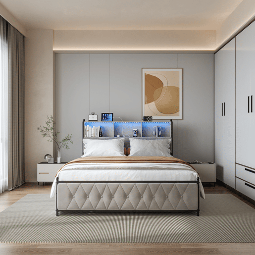 Cama 160x200cm, 4 gavetas, LED, USB, Tipo-C, Cama de gaveta,Veludo,Bege