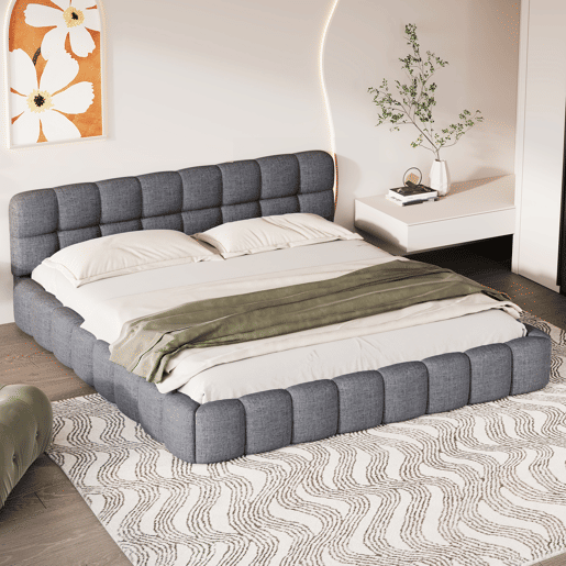 Cama 140 x 190 cm, cama jovem, cama de casal, com costas macias, cama plana, estrado de ripas, linho, cinza Cama 140 x 190 cm, cama jovem, cama de casal, com costas macias, cama plana, estrado de ripas, linho, cinza