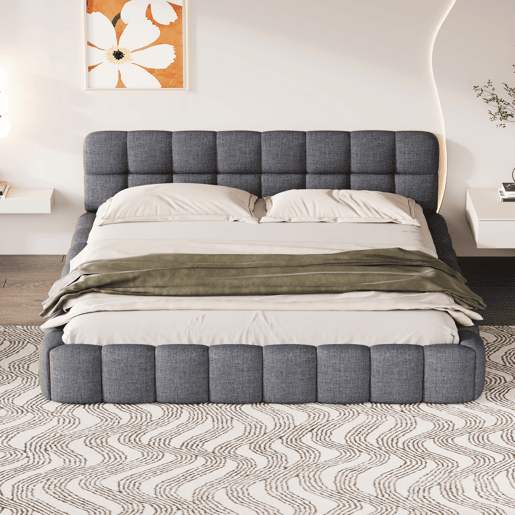 Cama 140 x 190 cm, cama jovem, cama de casal, com costas macias, cama plana, estrado de ripas, linho, cinza Cama 140 x 190 cm, cama jovem, cama de casal, com costas macias, cama plana, estrado de ripas, linho, cinza