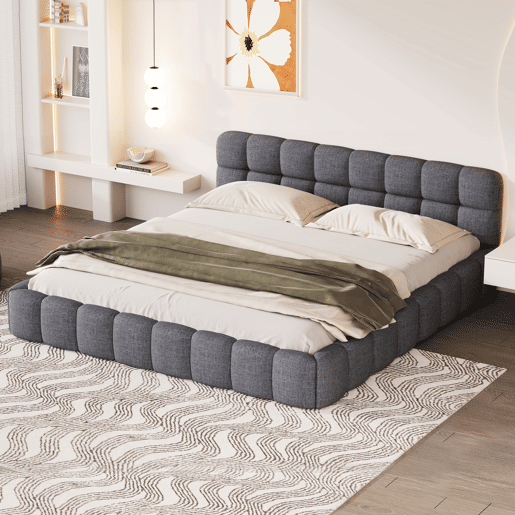 Cama 140 x 190 cm, cama jovem, cama de casal, com costas macias, cama plana, estrado de ripas, linho, cinza Cama 140 x 190 cm, cama jovem, cama de casal, com costas macias, cama plana, estrado de ripas, linho, cinza