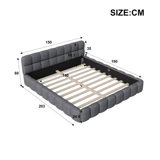 Cama 140 x 190 cm, cama jovem, cama de casal, com costas macias, cama plana, estrado de ripas, linho, cinza Cama 140 x 190 cm, cama jovem, cama de casal, com costas macias, cama plana, estrado de ripas, linho, cinza