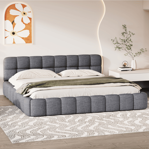 Cama 140 x 190 cm, cama jovem, cama de casal, com costas macias, cama plana, estrado de ripas, linho, cinza Cama 140 x 190 cm, cama jovem, cama de casal, com costas macias, cama plana, estrado de ripas, linho, cinza