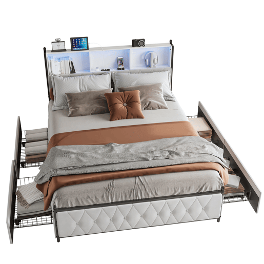 Cama 180x200cm, 4 gavetas, LED, USB, Tipo-C, Cama de gaveta,Veludo,Bege Cama 180x200cm, 4 gavetas, LED, USB, Tipo-C, Cama de gaveta,Veludo,Bege