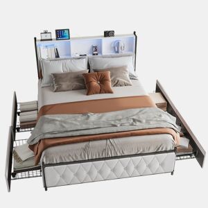 Cama 180x200cm, 4 gavetas, LED, USB, Tipo-C, Cama de gaveta,Veludo,Bege
