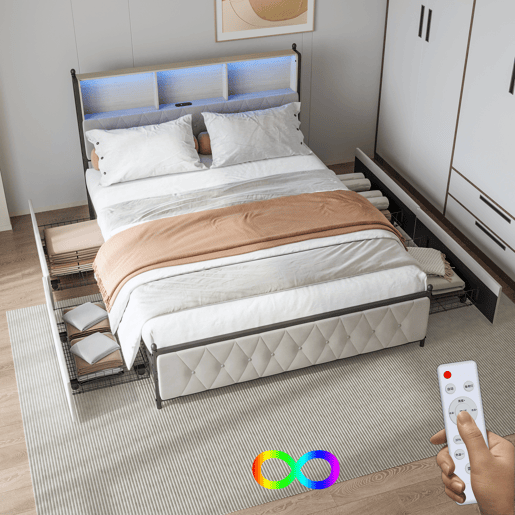 Cama 180x200cm, 4 gavetas, LED, USB, Tipo-C, Cama de gaveta,Veludo,Bege Cama 180x200cm, 4 gavetas, LED, USB, Tipo-C, Cama de gaveta,Veludo,Bege
