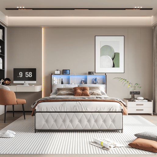 Cama 180x200cm, 4 gavetas, LED, USB, Tipo-C, Cama de gaveta,Veludo,Bege Cama 180x200cm, 4 gavetas, LED, USB, Tipo-C, Cama de gaveta,Veludo,Bege