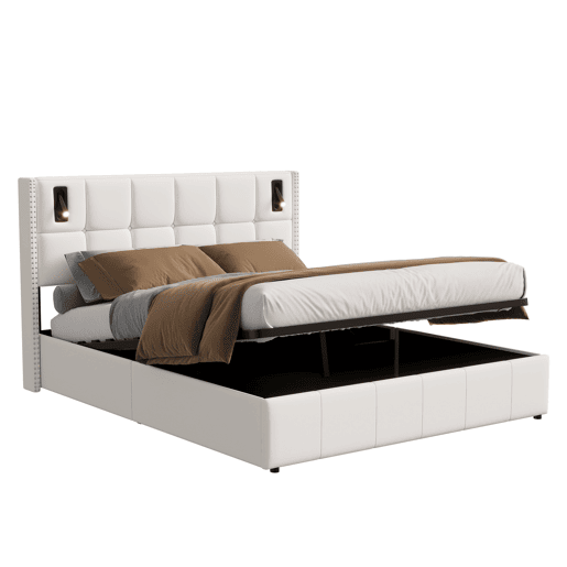 Cama hidráulica 140x200 cm com estrado de ripas, arrumação, USB e luz de leitura Cama hidráulica 140x200 cm com estrado de ripas, arrumação, USB e luz de leitura