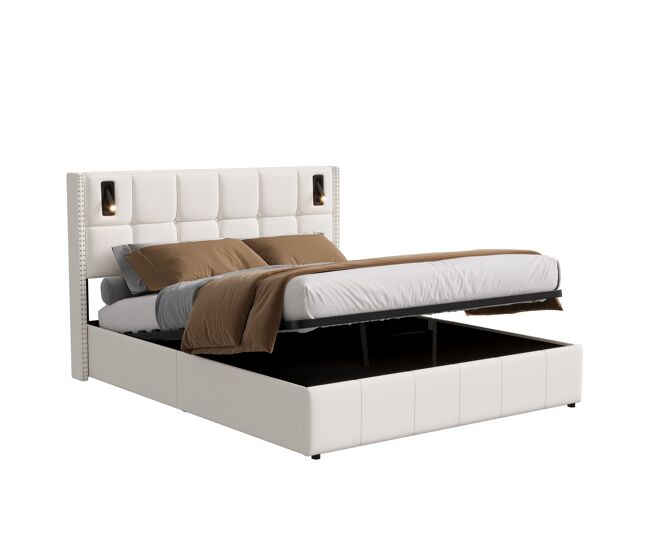 Cama hidráulica 140x200 cm con canapé, usb, luz de lectura y somier de lamas