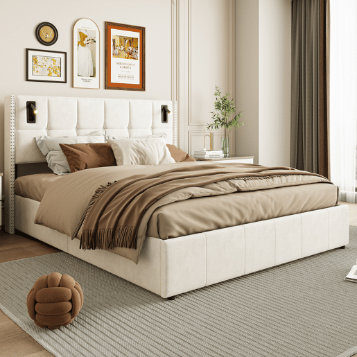 Cama hidráulica 140x200 cm com estrado de ripas, arrumação, USB e luz de leitura Cama hidráulica 140x200 cm com estrado de ripas, arrumação, USB e luz de leitura