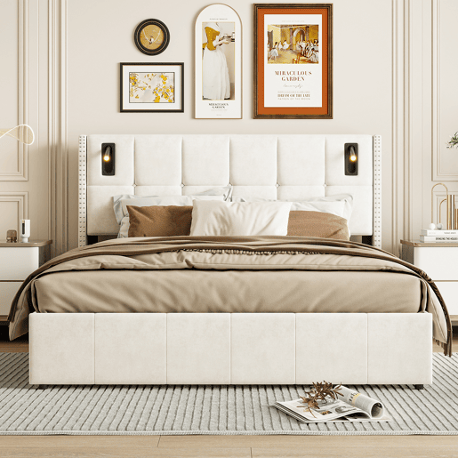 Cama hidráulica 140x200 cm com estrado de ripas, arrumação, USB e luz de leitura Cama hidráulica 140x200 cm com estrado de ripas, arrumação, USB e luz de leitura