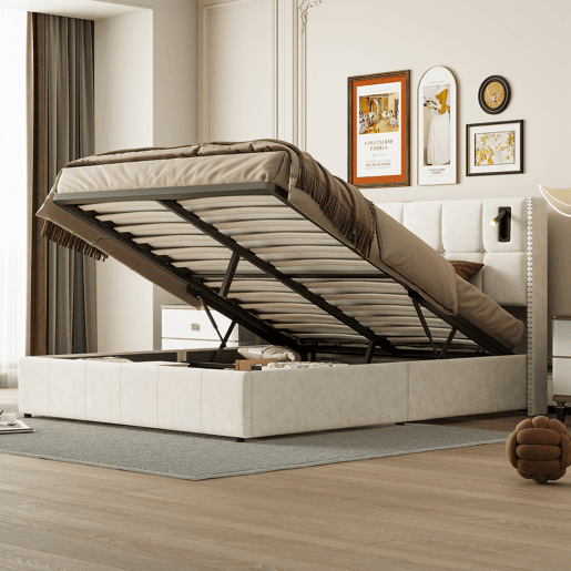 Cama hidráulica 140x200 cm com estrado de ripas, arrumação, USB e luz de leitura Cama hidráulica 140x200 cm com estrado de ripas, arrumação, USB e luz de leitura