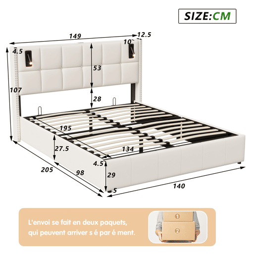 Cama hidráulica 140x200 cm com estrado de ripas, arrumação, USB e luz de leitura Cama hidráulica 140x200 cm com estrado de ripas, arrumação, USB e luz de leitura