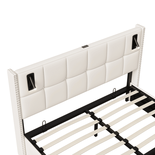 Cama hidráulica 140x200 cm com estrado de ripas, arrumação, USB e luz de leitura Cama hidráulica 140x200 cm com estrado de ripas, arrumação, USB e luz de leitura