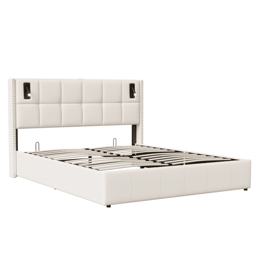 Cama hidráulica 140x200 cm com estrado de ripas, arrumação, USB e luz de leitura Cama hidráulica 140x200 cm com estrado de ripas, arrumação, USB e luz de leitura
