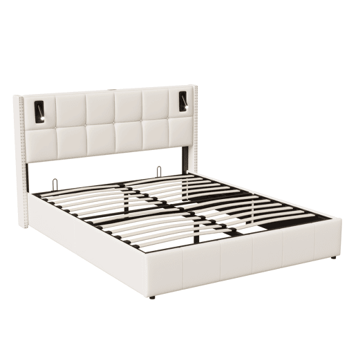 Cama hidráulica 140x200 cm com estrado de ripas, arrumação, USB e luz de leitura Cama hidráulica 140x200 cm com estrado de ripas, arrumação, USB e luz de leitura