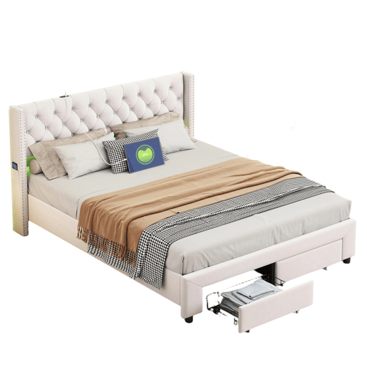 Cama 180x200 cm, espaço de arrumação, cama de casal, LED, gaveta, USB, bege