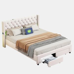 Cama 180x200 cm, espaço de arrumação, cama de casal, LED, gaveta, USB, bege