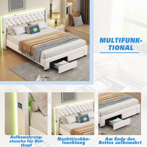 Cama 180x200 cm, espaço de arrumação, cama de casal, LED, gaveta, USB, bege