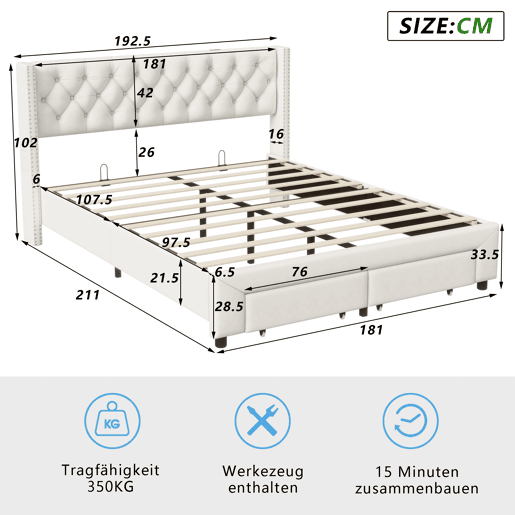 Cama 180x200 cm, espaço de arrumação, cama de casal, LED, gaveta, USB, bege