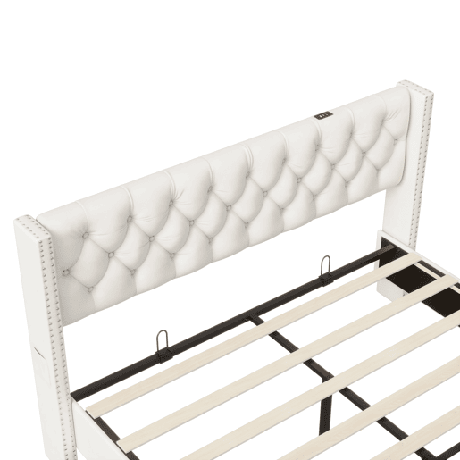 Cama 180x200 cm, espaço de arrumação, cama de casal, LED, gaveta, USB, bege