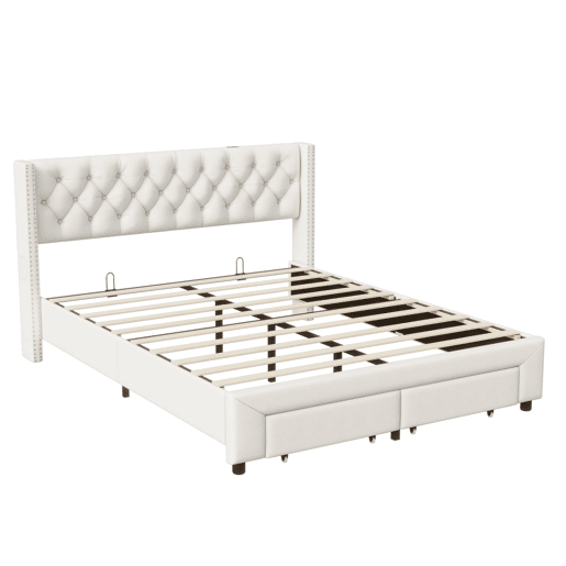 Cama 180x200 cm, espaço de arrumação, cama de casal, LED, gaveta, USB, bege
