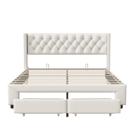 Cama 180x200 cm, espaço de arrumação, cama de casal, LED, gaveta, USB, bege