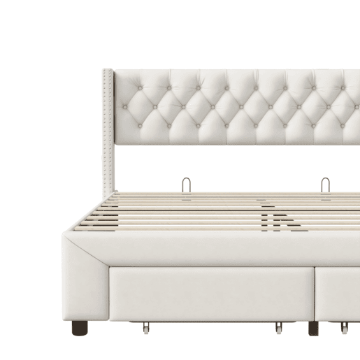 Cama 180x200 cm, espaço de arrumação, cama de casal, LED, gaveta, USB, bege