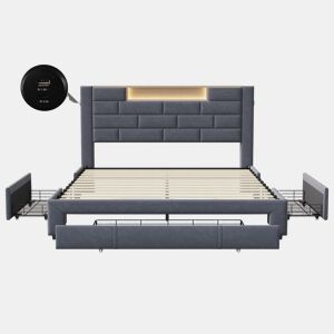 Cama 160x200cm,USB,LED,3 gavetas,cama jovem,cama de casal,cama de arrumação cama de madeira maciça