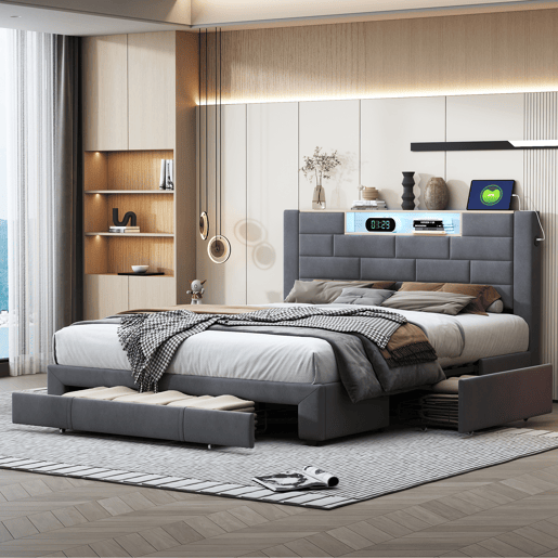 Cama 160x200cm,USB,LED,3 gavetas,cama jovem,cama de casal,cama de arrumação cama de madeira maciça Cama 160x200cm,USB,LED,3 gavetas,cama jovem,cama de casal,cama de arrumação cama de madeira maciça