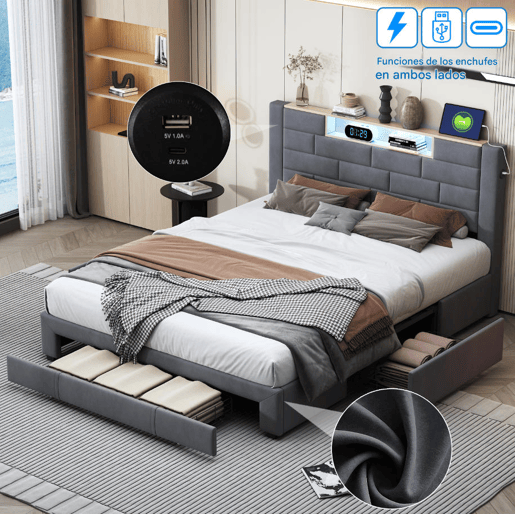 Cama 160x200cm,USB,LED,3 gavetas,cama jovem,cama de casal,cama de arrumação cama de madeira maciça Cama 160x200cm,USB,LED,3 gavetas,cama jovem,cama de casal,cama de arrumação cama de madeira maciça
