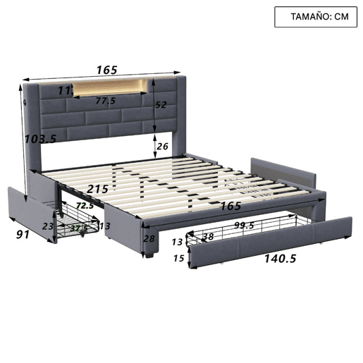 Cama 160x200cm,USB,LED,3 gavetas,cama jovem,cama de casal,cama de arrumação cama de madeira maciça Cama 160x200cm,USB,LED,3 gavetas,cama jovem,cama de casal,cama de arrumação cama de madeira maciça