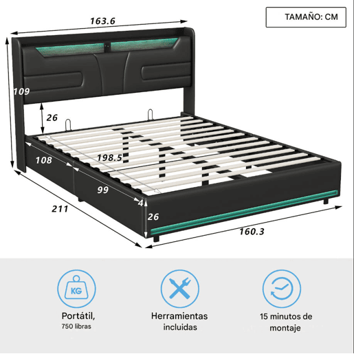 Cama 160x200cm, cama de casal, LED, USB Cama 160x200cm, cama de casal, LED, USB