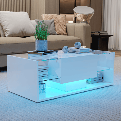 Mesa de sala, mesa de centro, LED, 100x50x35 cm, branca