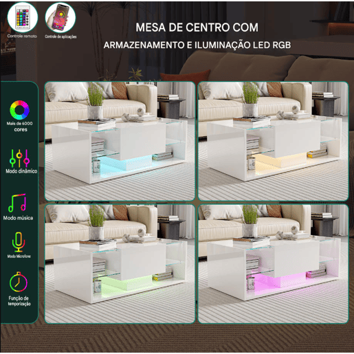 Mesa de sala, mesa de centro, LED, 100x50x35 cm, branca