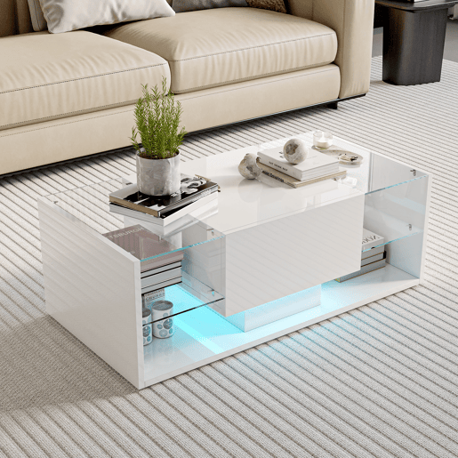 Mesa de sala, mesa de centro, LED, 100x50x35 cm, branca