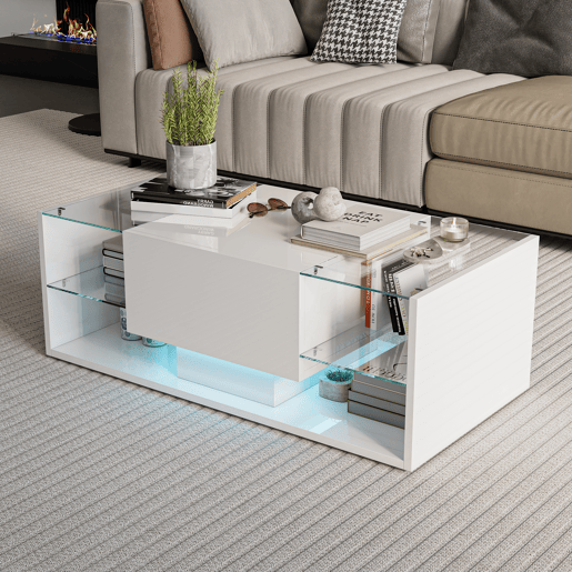 Mesa de sala, mesa de centro, LED, 100x50x35 cm, branca