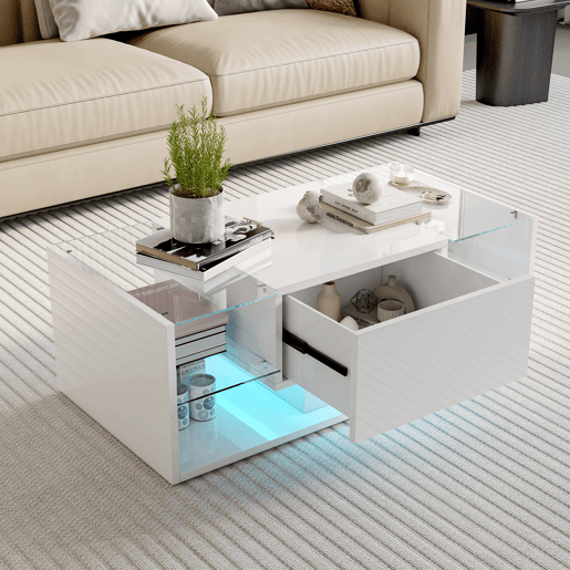 Mesa de sala, mesa de centro, LED, 100x50x35 cm, branca