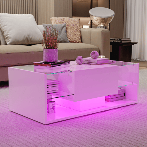 Mesa de sala, mesa de centro, LED, 100x50x35 cm, branca