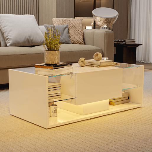 Mesa de sala, mesa de centro, LED, 100x50x35 cm, branca