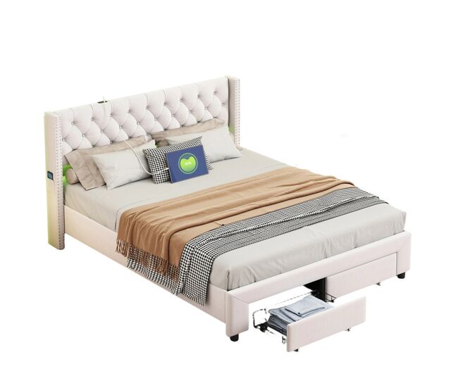 Cama 140x190 cm, espacio de almacenaje, cama doble, led, cajón, usb, beige
