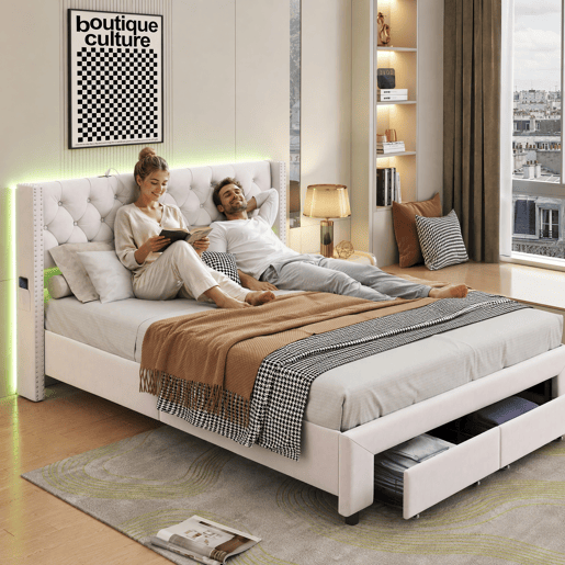 Cama 140x190 cm, espaço de arrumação, cama de casal, LED, gaveta, USB, bege
