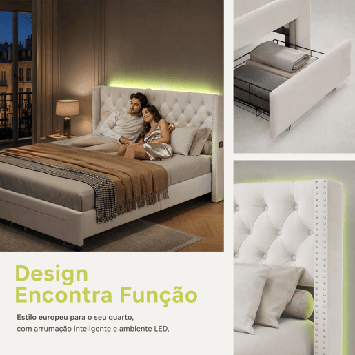 Cama 140x190 cm, espaço de arrumação, cama de casal, LED, gaveta, USB, bege
