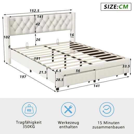 Cama 140x190 cm, espaço de arrumação, cama de casal, LED, gaveta, USB, bege