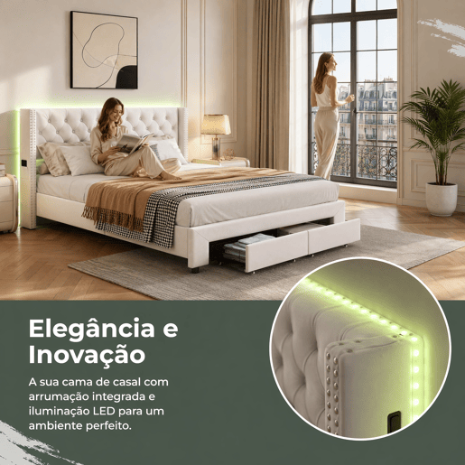 Cama 140x190 cm, espaço de arrumação, cama de casal, LED, gaveta, USB, bege