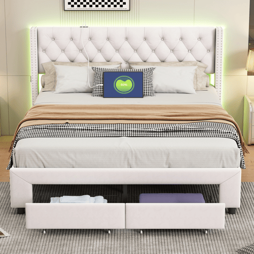 Cama 140x190 cm, espaço de arrumação, cama de casal, LED, gaveta, USB, bege